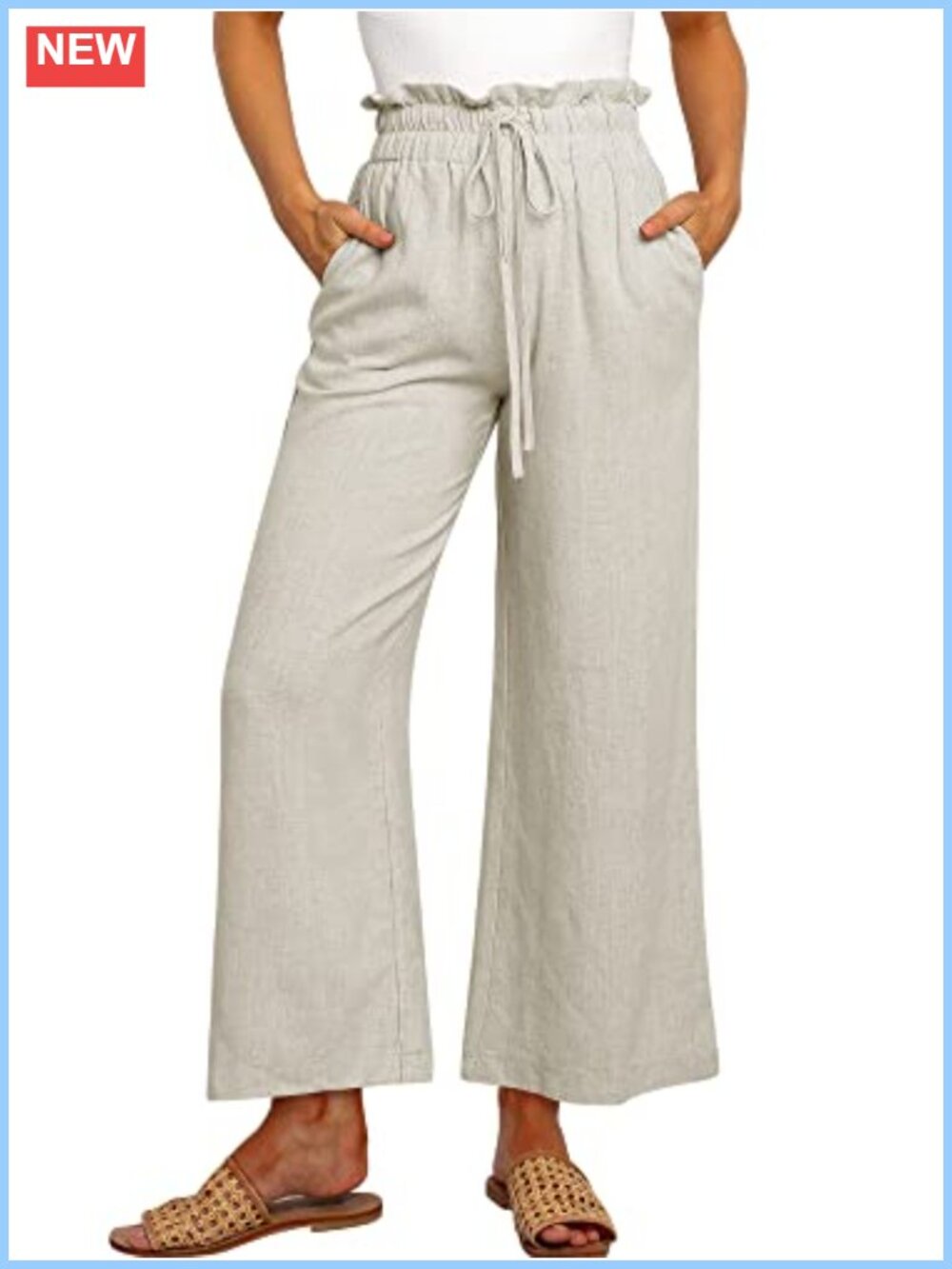 High Waist Linen Wide Leg Palazzo Cropped Pants Drawstring Casual